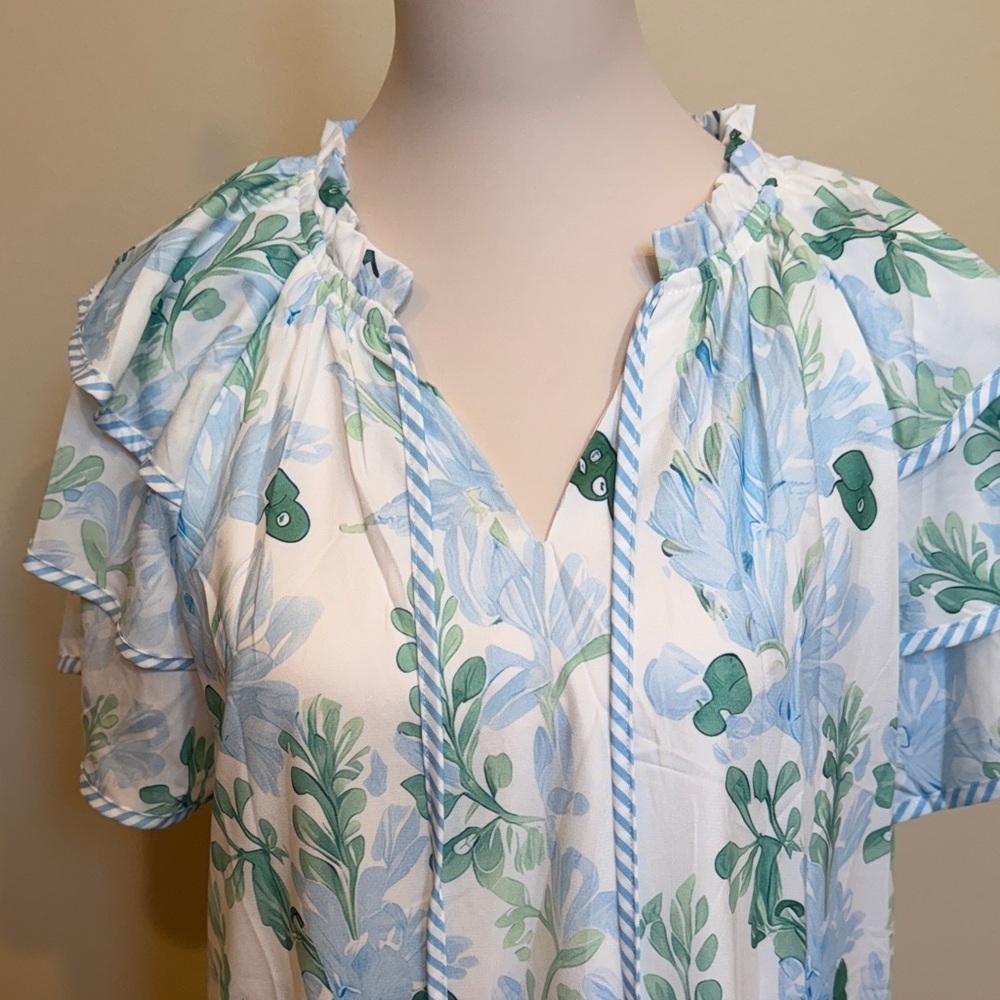 Blue Green Floral Tiered Mini Dress Flutter Sleeve Boho Cottagecore L - Picture 3 of 7